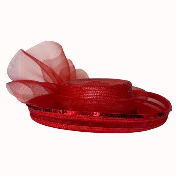 Elegant Red Wide Brim Hat Formal Fashion Tulle Bow Sequin Statement Church Derby main image 4